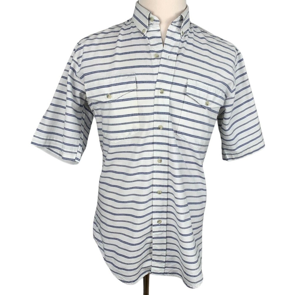 Roper Cotton Western Men M 15 1/2 Slim Fitted Short Sleeve White w/ Navy Stripes